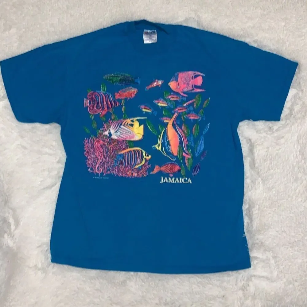 Vintage Hanes Beefy-T Blue Graphic Jamaica Single Stitch T-Shirt Large